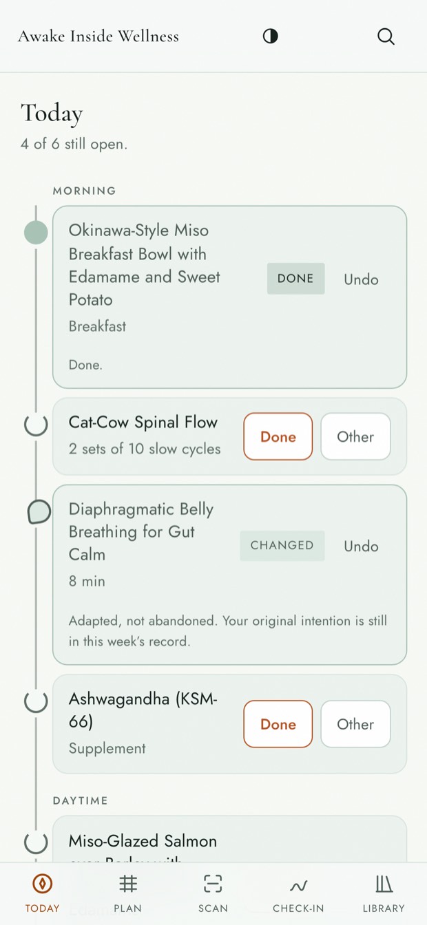 The app's Today screen: four intentions on a vertical thread, one marked done, one marked changed