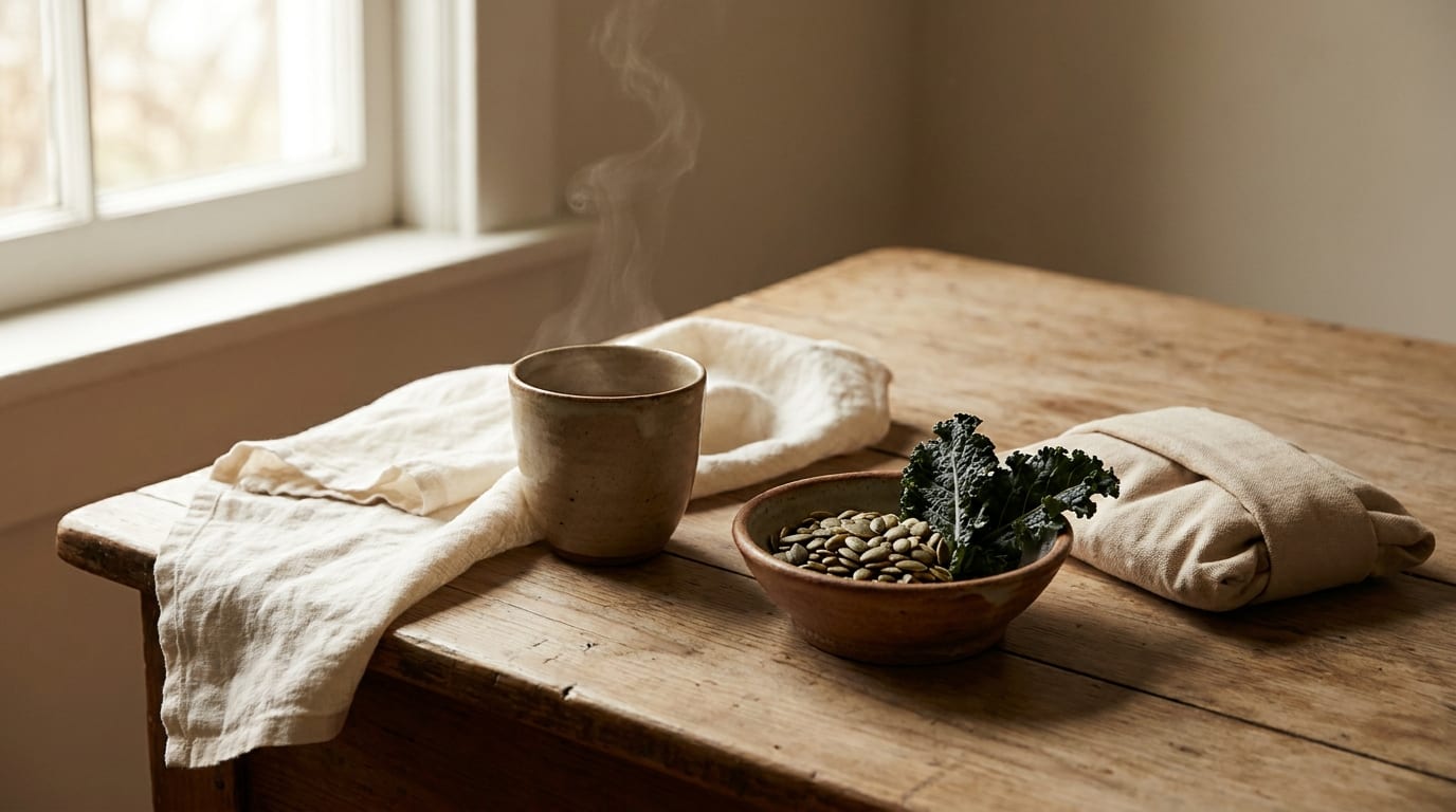 A warm, softly lit still life of a cup of tea, a folded linen cloth, and a small bowl of pumpkin seeds and dark leafy greens on a wooden table.