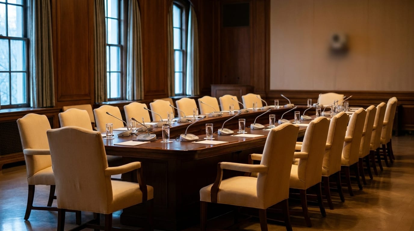 An empty committee room with a long table, water glasses, and microphones, lit by high windows.