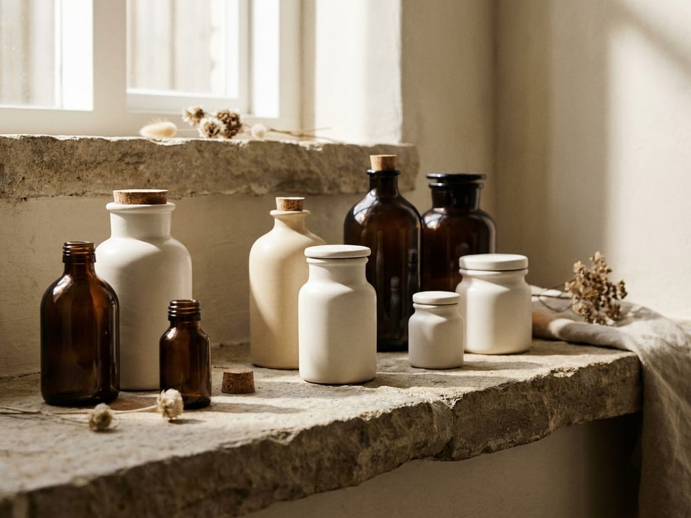 Unbranded amber glass and ceramic bottles arranged on a stone shelf in soft daylight