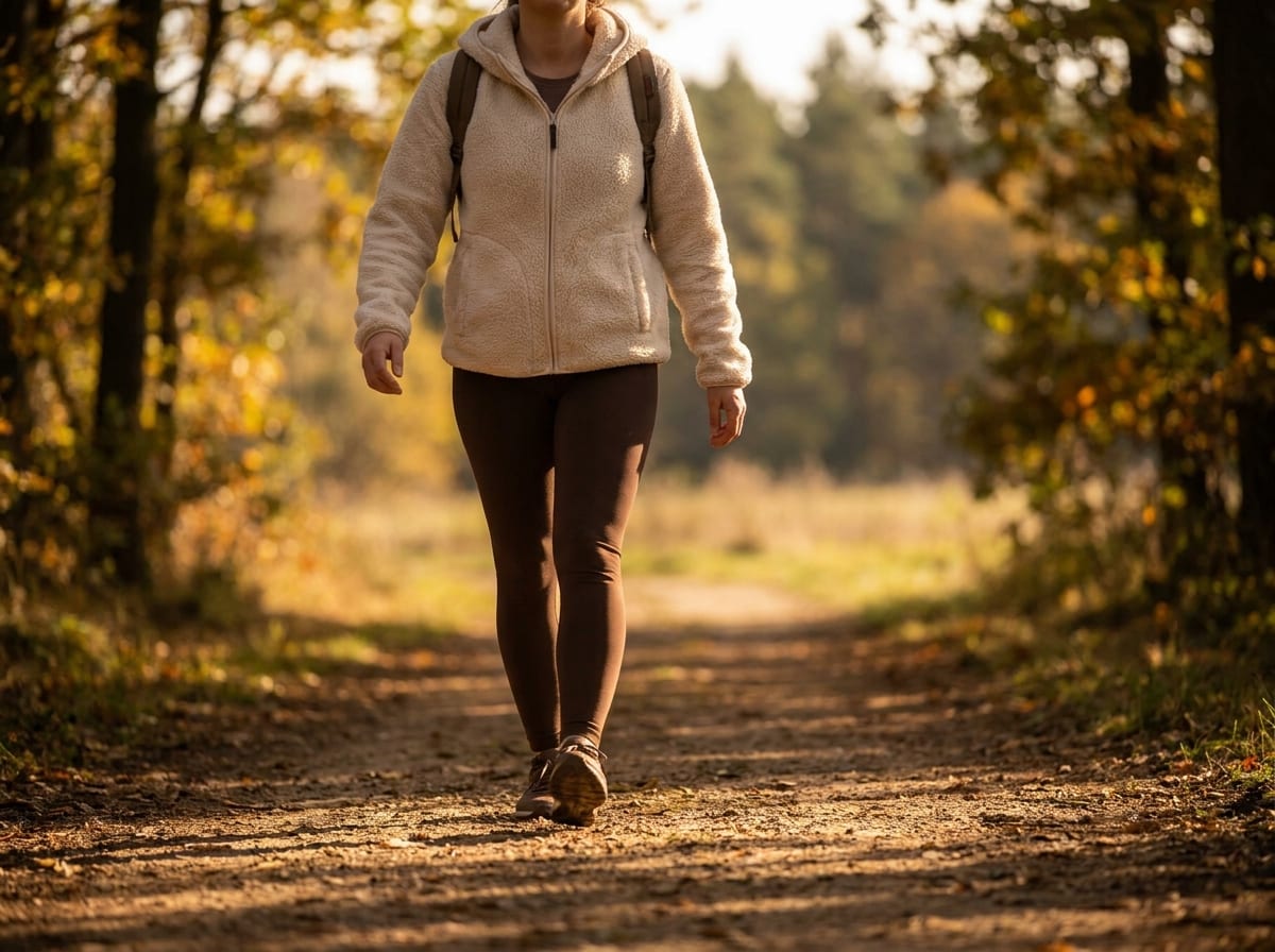 A person in soft athletic layers walking at an easy pace along a tree-lined path in warm late-afternoon light, relaxed posture, shot from a slight distance in a four-by-three frame with a softly blurred natural background, warm ivory and espresso tones, no text.
