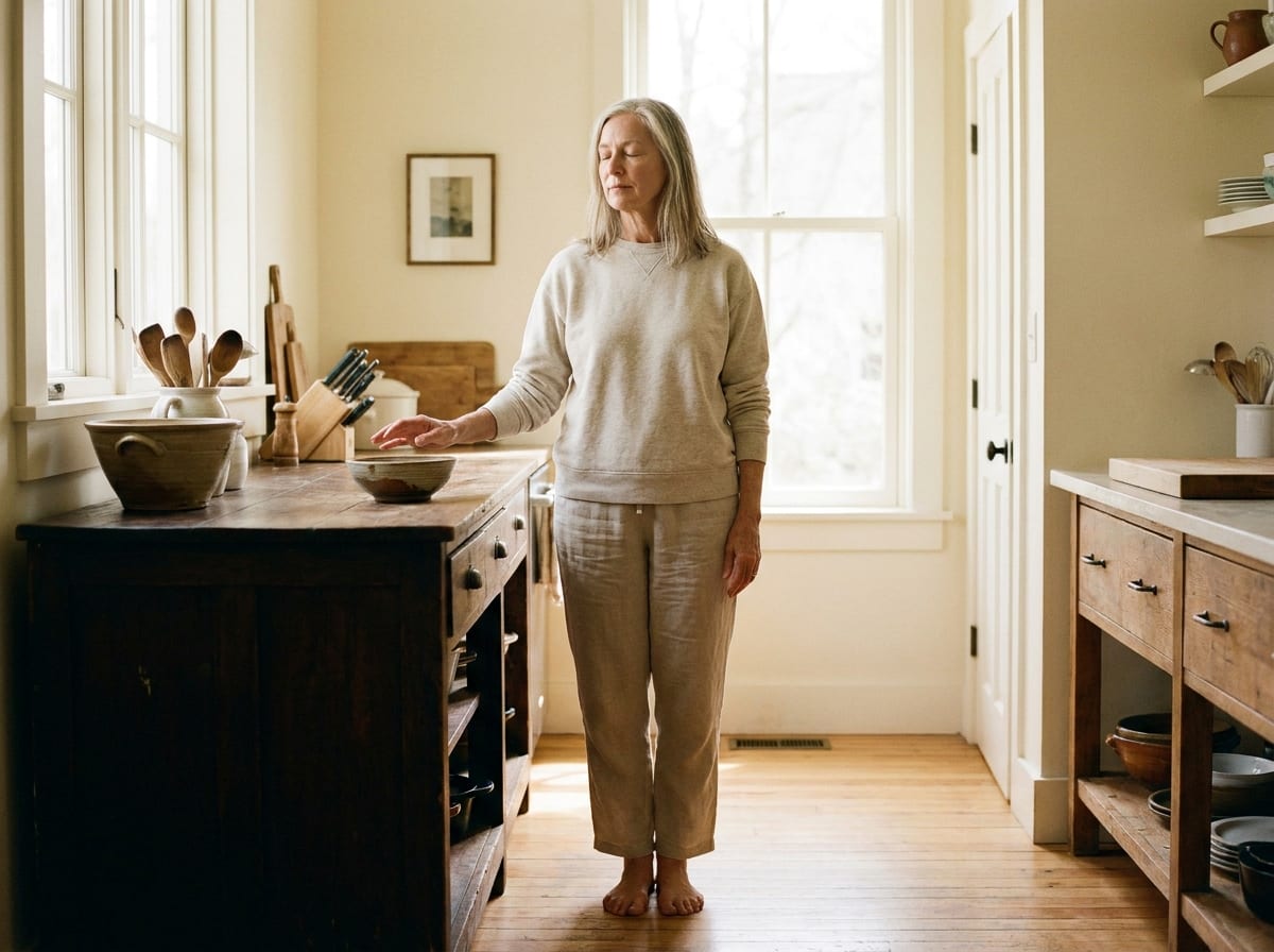 A warm, photorealistic editorial photograph in soft natural light with a warm ivory and espresso palette, 4:3 framing, no text or words anywhere: a person in their sixties in neutral athletic clothing standing with feet together and eyes closed beside a kitchen counter, one hand hovering near the surface, photographed from the front at full length in a bright room.