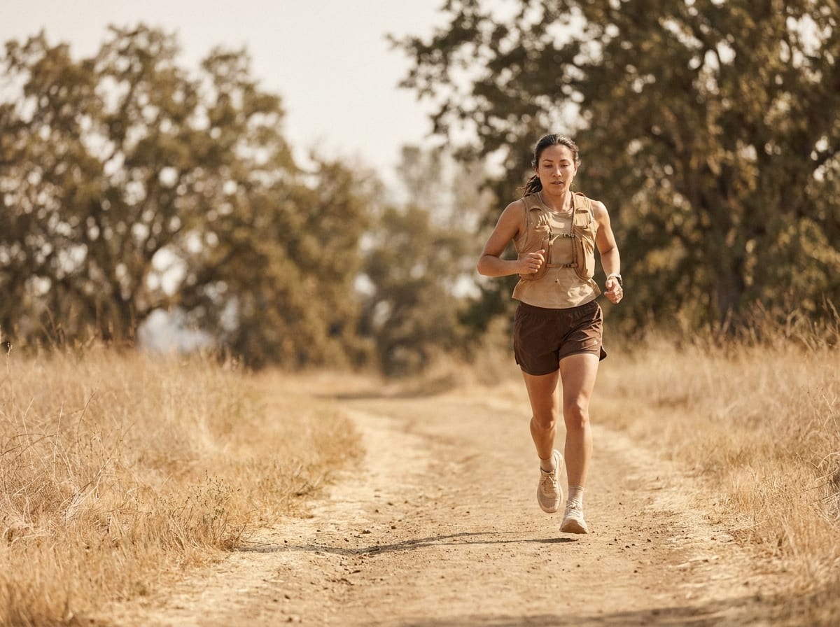 A warm, photorealistic editorial photograph in soft natural light with a warm ivory and espresso palette, 4:3 framing, no text or words anywhere: a person in their thirties in neutral athletic clothing running at pace along an open path in bright daylight, strong upright form, photographed from the side at a respectful distance with a softly blurred background.