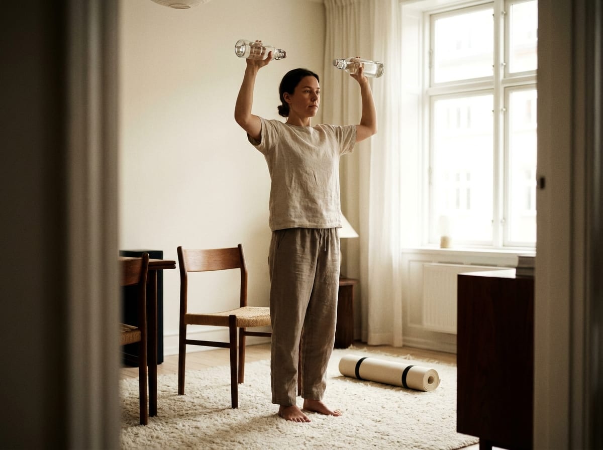 A person mid-set in a sunlit living room, pressing two water bottles overhead beside a wooden chair and a rolled mat, plain clothes and bare feet, warm ivory and espresso palette, 4:3, no text.