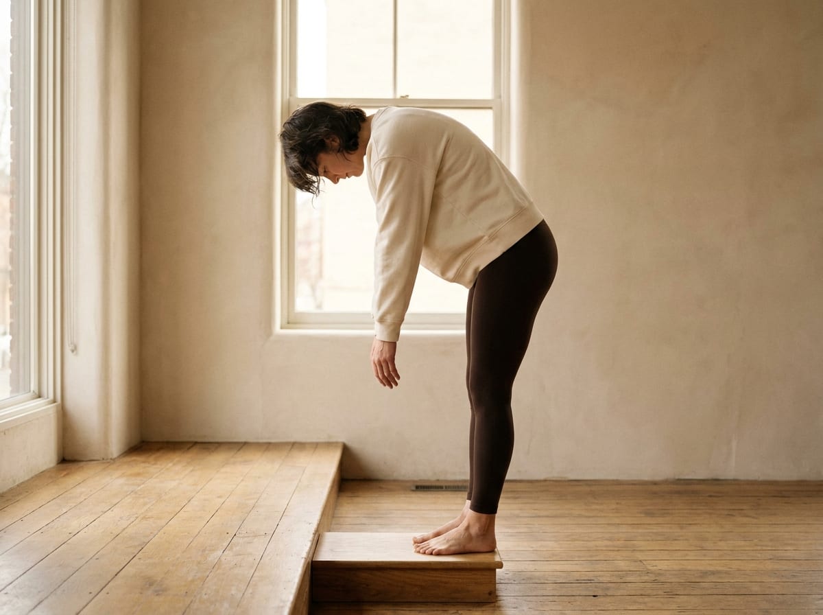 A warm, photorealistic editorial photograph in soft natural light with a warm ivory and espresso palette, 4:3 framing, no text or words anywhere: a person in their thirties in neutral athletic clothing standing on a low step, rolling slowly forward through a rounded spine with arms hanging heavy, photographed from the side in a bright calm room.