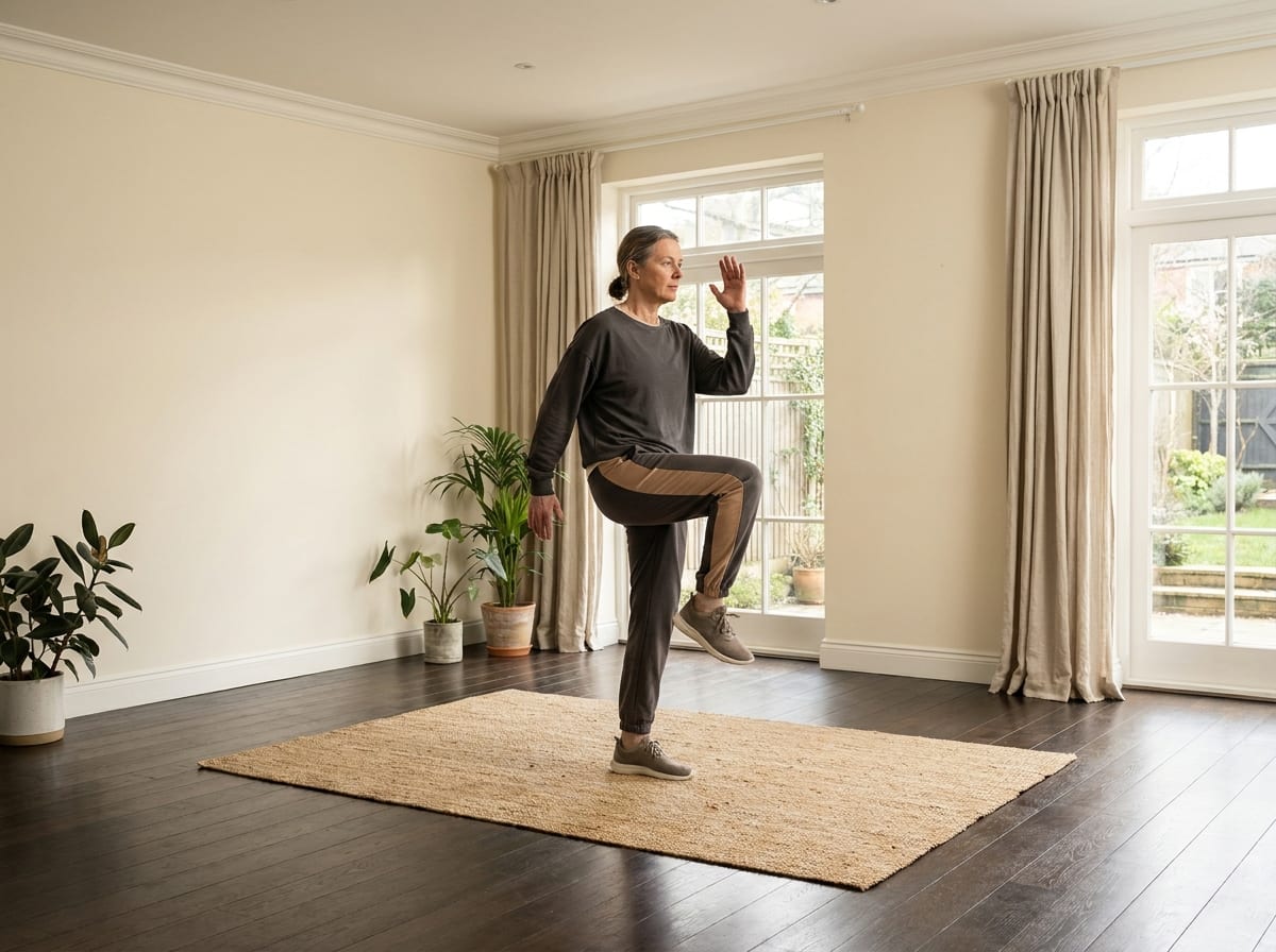 A warm, photorealistic editorial photograph in soft natural light with a warm ivory and espresso palette, 4:3 framing, no text or words anywhere: a person in their fifties in neutral athletic clothing marching in place with one knee lifted and the opposite arm raised, on a mat in a bright calm room, photographed straight on at full length.