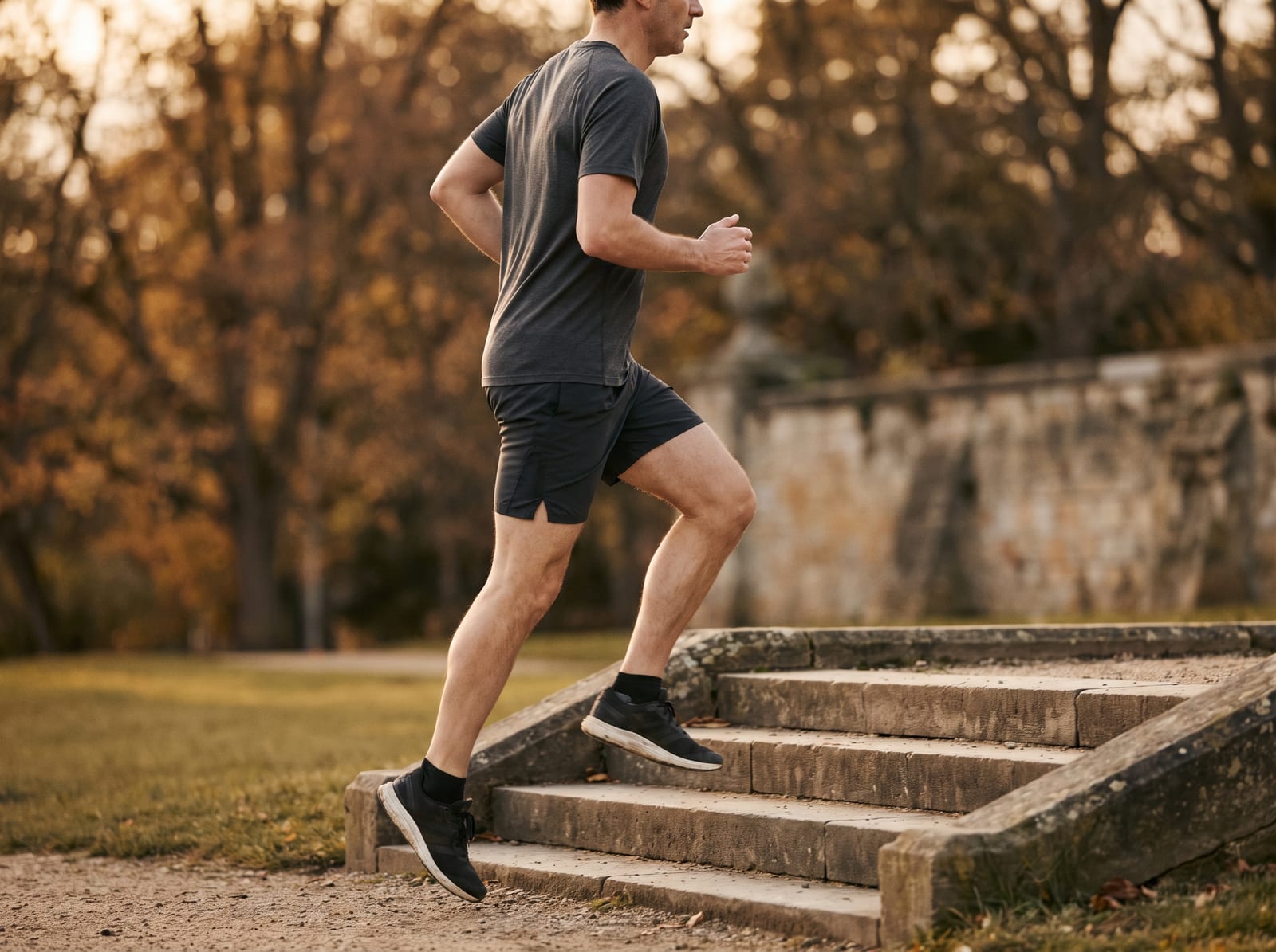 A warm, photorealistic editorial photograph in soft natural light with a warm ivory and espresso palette, 4:3 framing, no text or words anywhere: a runner in a plain grey shirt and dark shorts climbing a short flight of weathered stone steps mid-stride, photographed from the side with the head cropped above the frame, autumn trees and a stone wall blurred behind them.