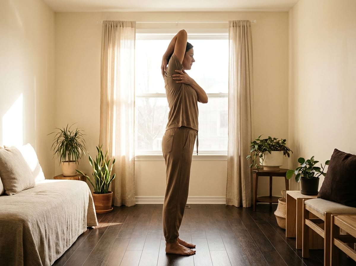 A warm, photorealistic editorial photograph in soft natural light with a warm ivory and espresso palette, 4:3 framing, no text or words anywhere: a person in their forties in neutral athletic clothing slowly rotating one arm overhead and behind, the other hand resting on the opposite shoulder, photographed from the side at full length in a bright calm room.