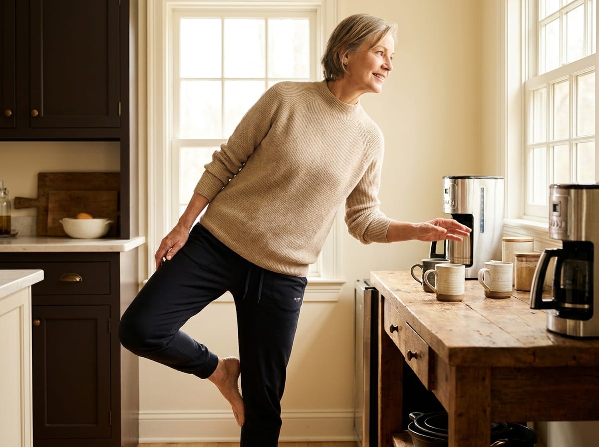 A warm, photorealistic editorial photograph in soft natural light with a warm ivory and espresso palette, 4:3 framing, no text or words anywhere: a person in their sixties in neutral athletic clothing balancing on one leg beside a kitchen counter with one hand hovering near it, head turned to the side, photographed from the front at full length in a bright room.