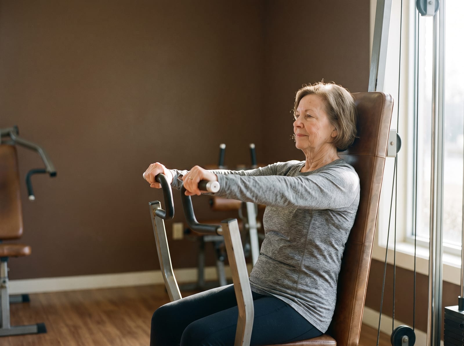 A warm, photorealistic editorial photograph in soft natural light with a warm ivory and espresso palette, 4:3 framing, no text or words anywhere: a woman in her sixties in plain grey athletic clothing seated at a chest press machine in a bright quiet gym with a plain espresso-brown wall behind her, photographed from the side at a respectful distance, mid-set, upright and unposed, natural skin texture visible.