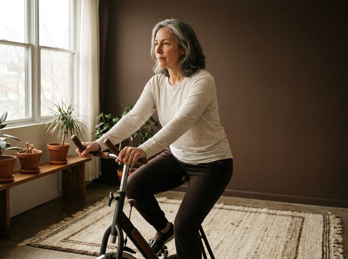 A warm, photorealistic editorial photograph in soft natural light with a warm ivory and espresso palette, 4:3 framing, no text or words anywhere: a person in their fifties in neutral athletic clothing riding a stationary bike at a steady moderate pace in a bright calm room with a plain espresso-brown wall behind them, photographed from the side at a respectful distance, upright and unposed.