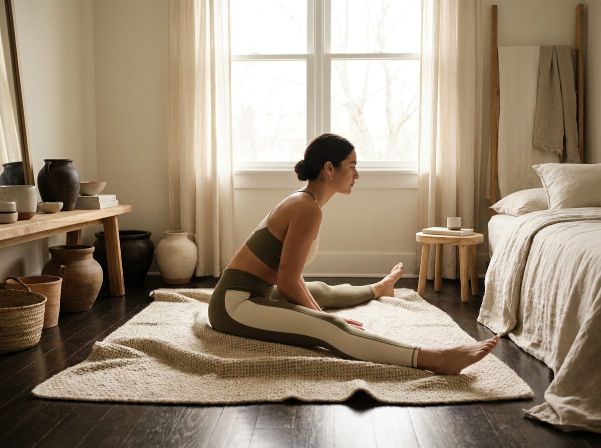 A warm, photorealistic editorial photograph in soft natural light with a warm ivory and espresso palette, 4:3 framing, no text or words anywhere: a person in their thirties in neutral athletic clothing seated on a folded blanket with legs open wide, hinging forward from the hips with a long spine, photographed from the side in a bright calm room.