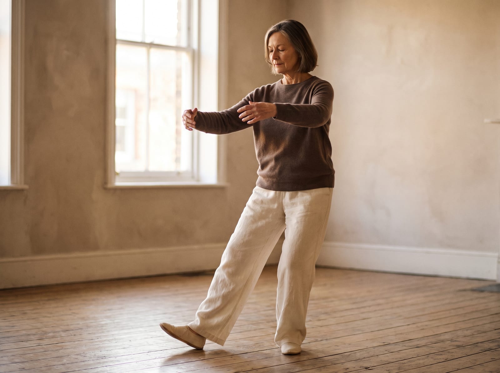 A warm, photorealistic editorial photograph in soft natural light with a warm ivory and espresso palette, 4:3 framing, no text or words anywhere: a woman in her late sixties in loose cream linen trousers and a soft espresso-brown top, standing on a bare wooden floor in a quiet sunlit room, mid-way through a slow tai chi movement with her weight settled over one foot and her arms drifting at chest height, eyes lowered and calm, a plain wall and a window softly blurred behind her.