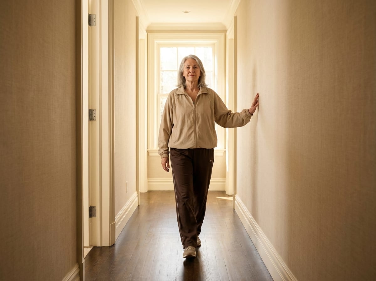 A warm, photorealistic editorial photograph in soft natural light with a warm ivory and espresso palette, 4:3 framing, no text or words anywhere: a person in their sixties in neutral athletic clothing walking heel to toe along a bright hallway with one hand near the wall, eyes forward, photographed from the front at full length.