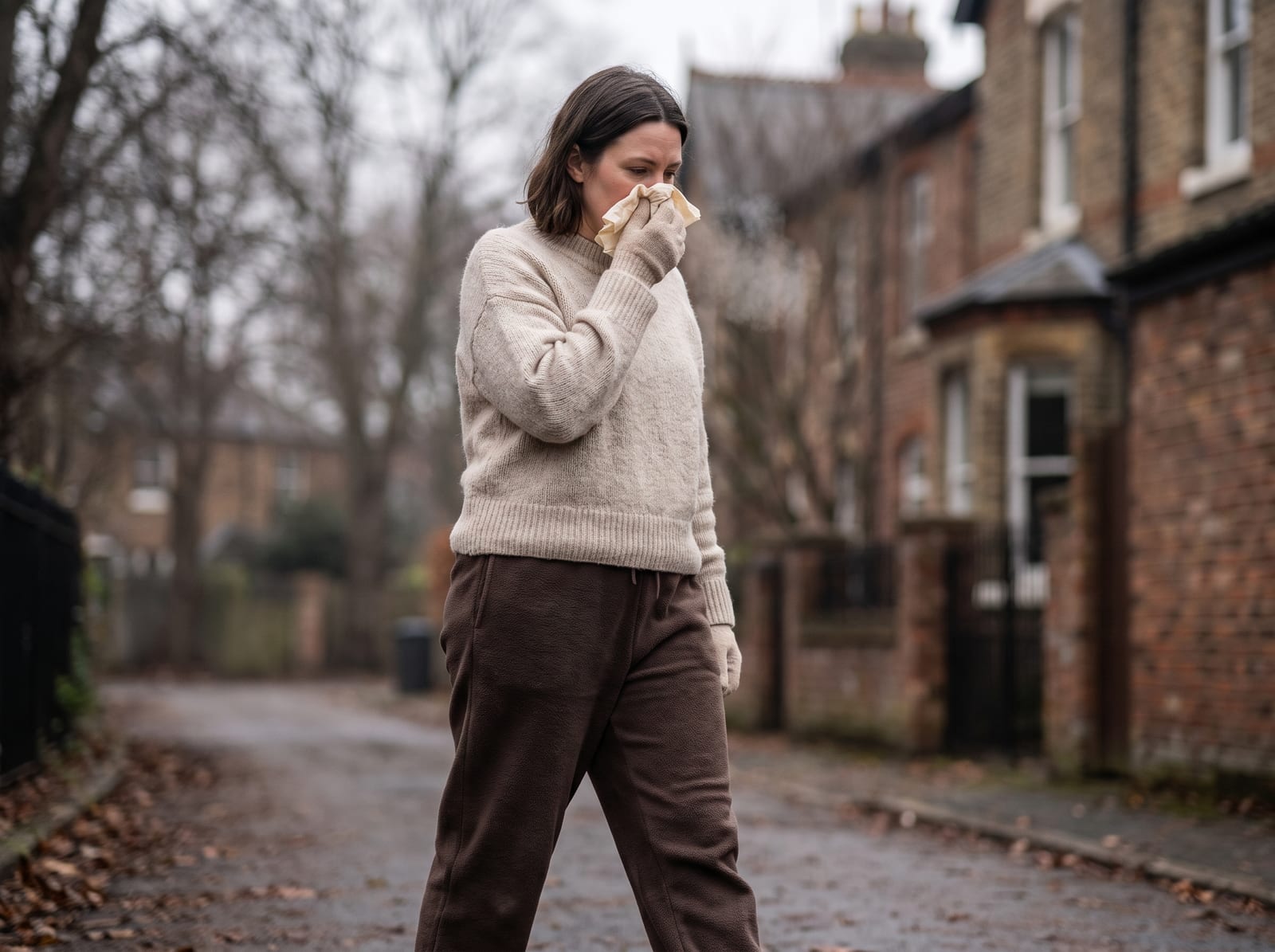 A warm, photorealistic editorial photograph in soft natural light with a warm ivory and espresso palette, 4:3 framing, no text or words anywhere: a woman in her thirties in a cream knitted jumper and dark brown joggers walking slowly along a quiet residential street on an overcast morning, pressing a tissue to her nose, bare trees and warm brick houses softly blurred behind her.