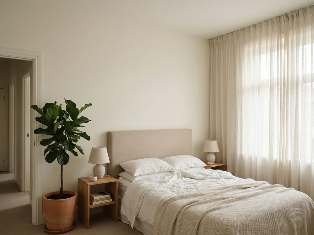 A calm bedroom with the headboard on a solid wall, morning light and a leafy plant