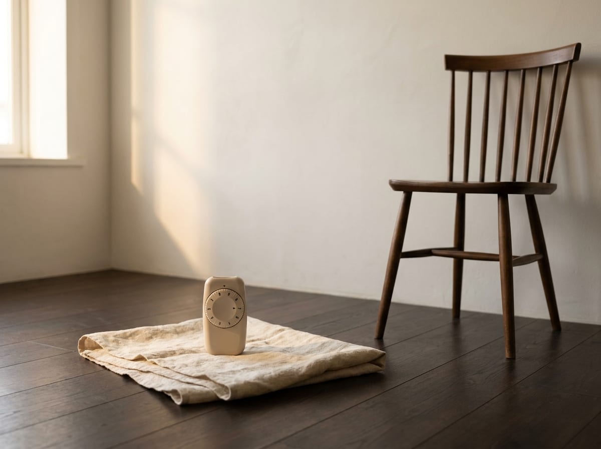 A small handheld breathing trainer with a numbered resistance dial standing on a folded linen cloth on dark espresso floorboards, a plain wooden chair beside it and morning light falling across an ivory plaster wall, an empty room with nobody present, warm ivory and espresso palette, 4:3, no text.