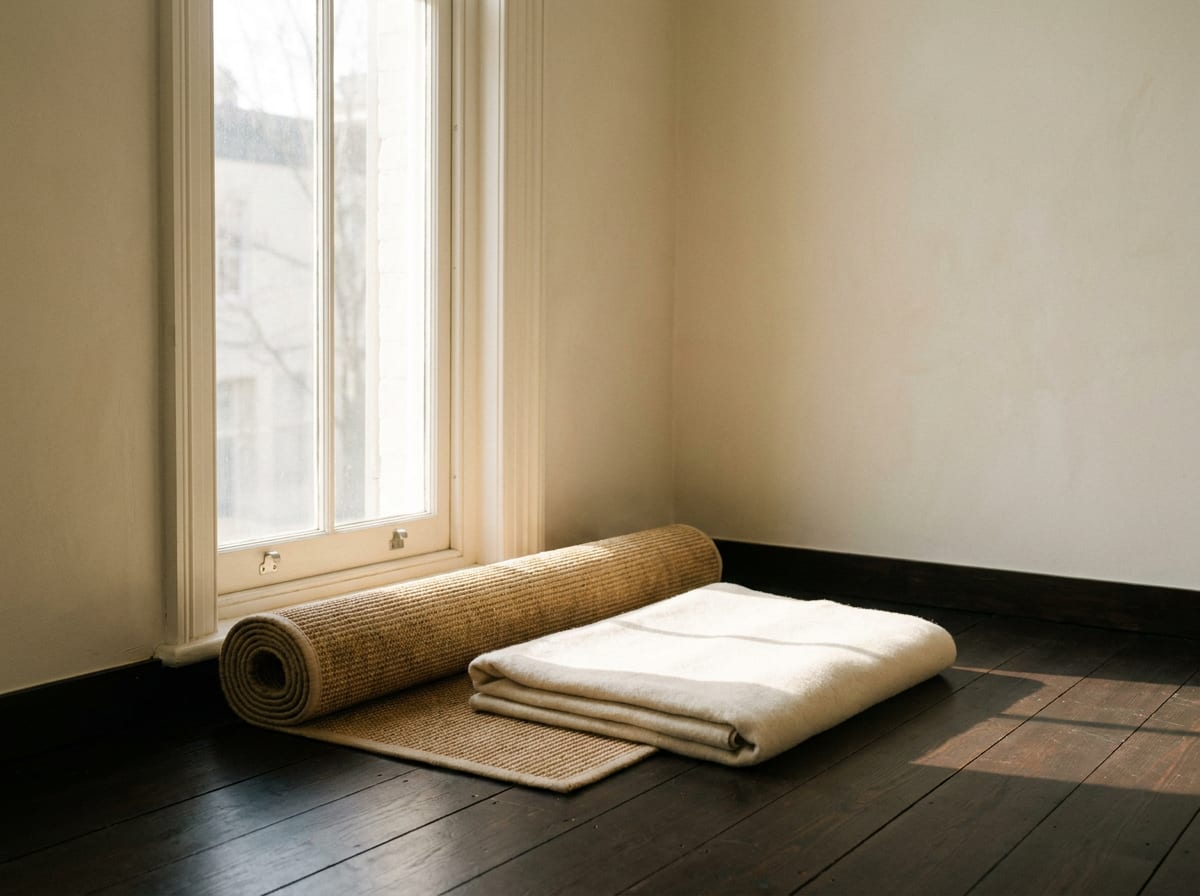 A rolled sisal mat and a folded cream wool blanket laid out on dark espresso floorboards beside a tall window in low morning light, an empty room with ivory plaster walls, nobody present, warm ivory and espresso palette, 4:3, no text.