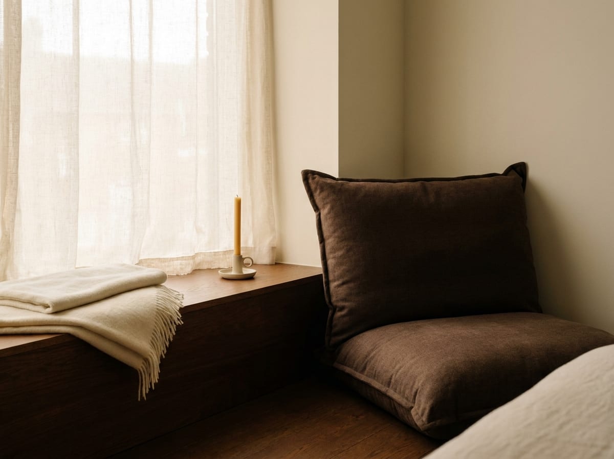 A quiet, softly lit corner of a bedroom with a floor cushion beside a low windowsill holding a single unlit candle and a folded ivory throw, morning light diffused through a sheer curtain, nobody in the room, warm ivory and espresso palette, 4:3, no text.