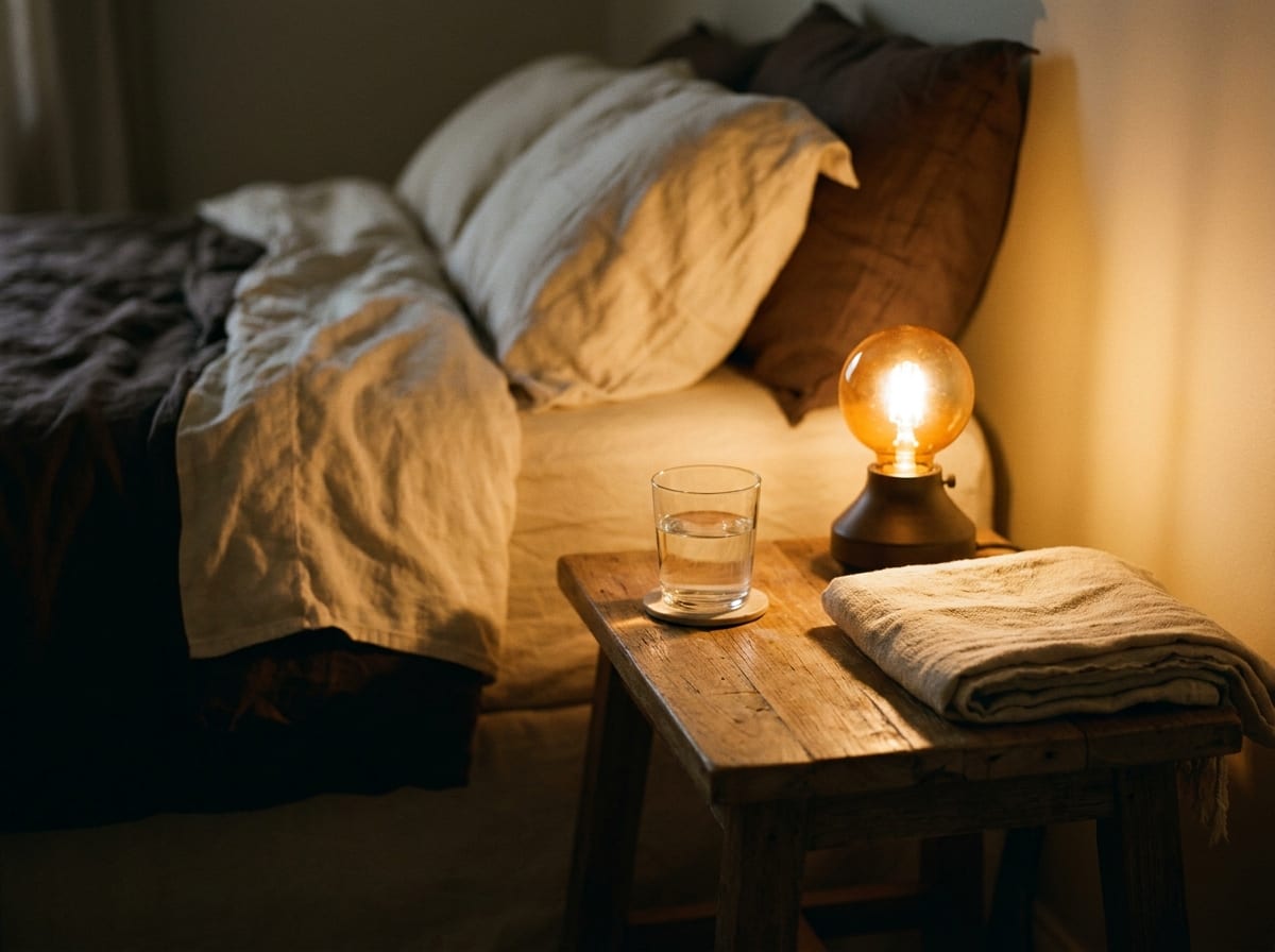 A low bedside lamp casting warm amber light across a nightstand with a glass of water and a folded linen throw, out-of-focus bed linens behind it, nobody in the room, warm ivory and espresso palette, 4:3, no text.