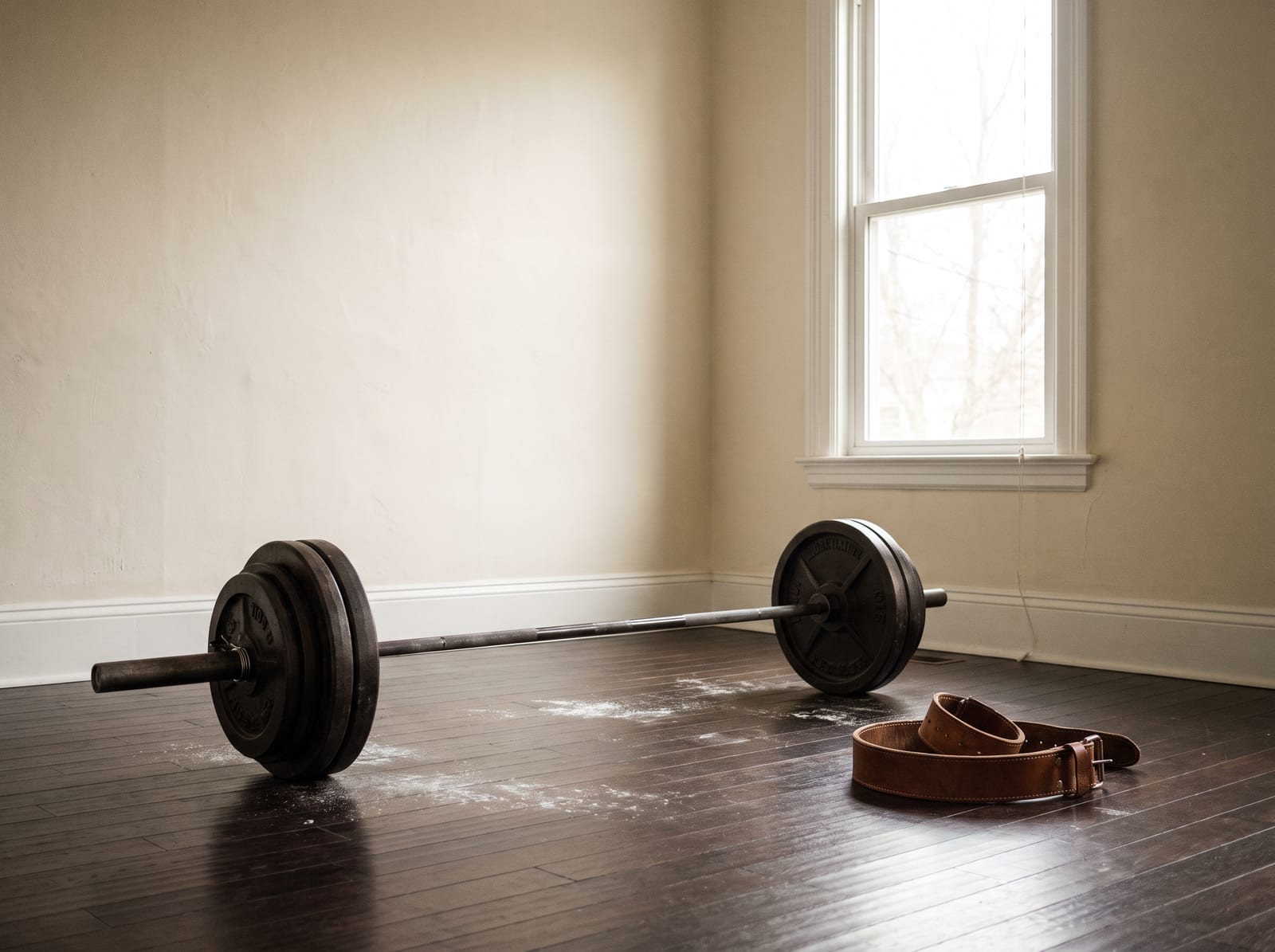 A loaded barbell resting on the floor of an empty home gym beside a folded lifting belt on dark espresso floorboards, chalk dust across the boards, late morning light from a tall window falling on an ivory plaster wall, nobody in the room, warm ivory and espresso palette, 4:3, no text.