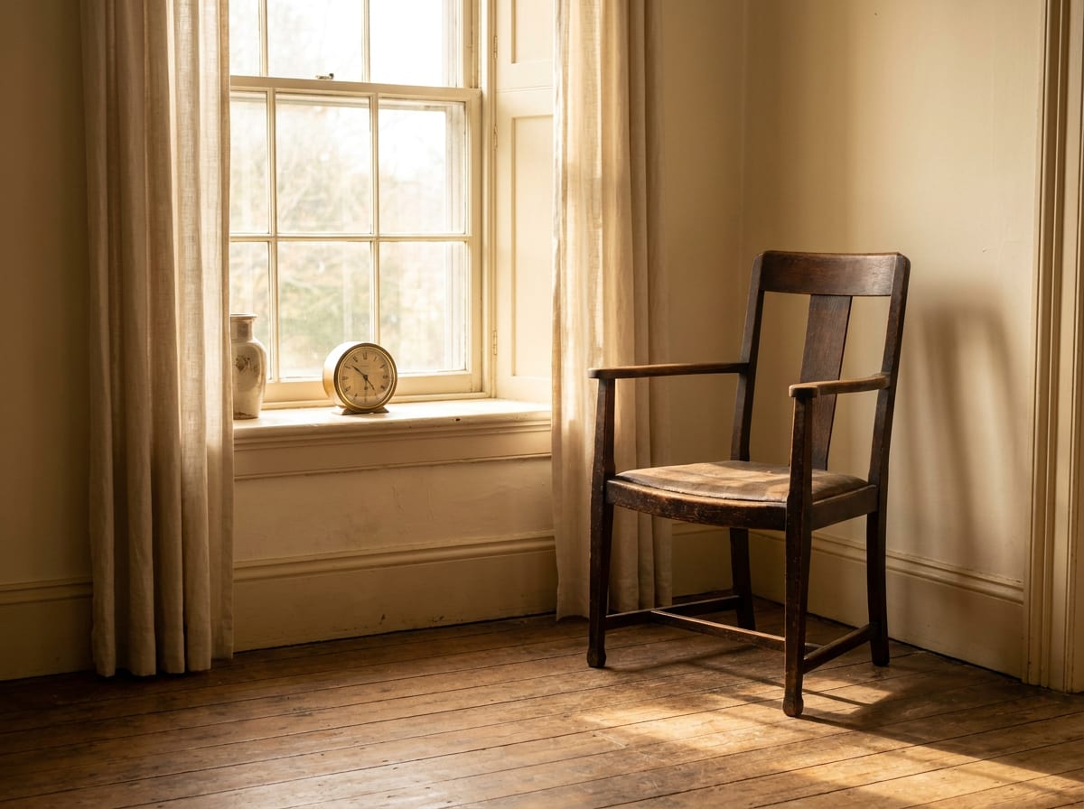 An empty wooden armchair against the wall of a quiet room, morning light through a curtained sash window falling across worn floorboards, a small round clock on the sill, warm ivory and espresso palette, 4:3, no text.