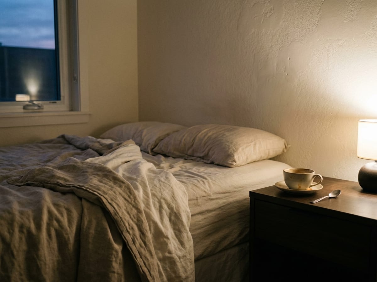 A quiet bedside scene at dusk, a rumpled linen throw over the corner of a bed, a half-drunk cup of tea gone cold on a dark espresso wood nightstand, one small lamp casting warm light across an ivory wall, nobody in the room, muted ivory and espresso palette, 4:3, no text.