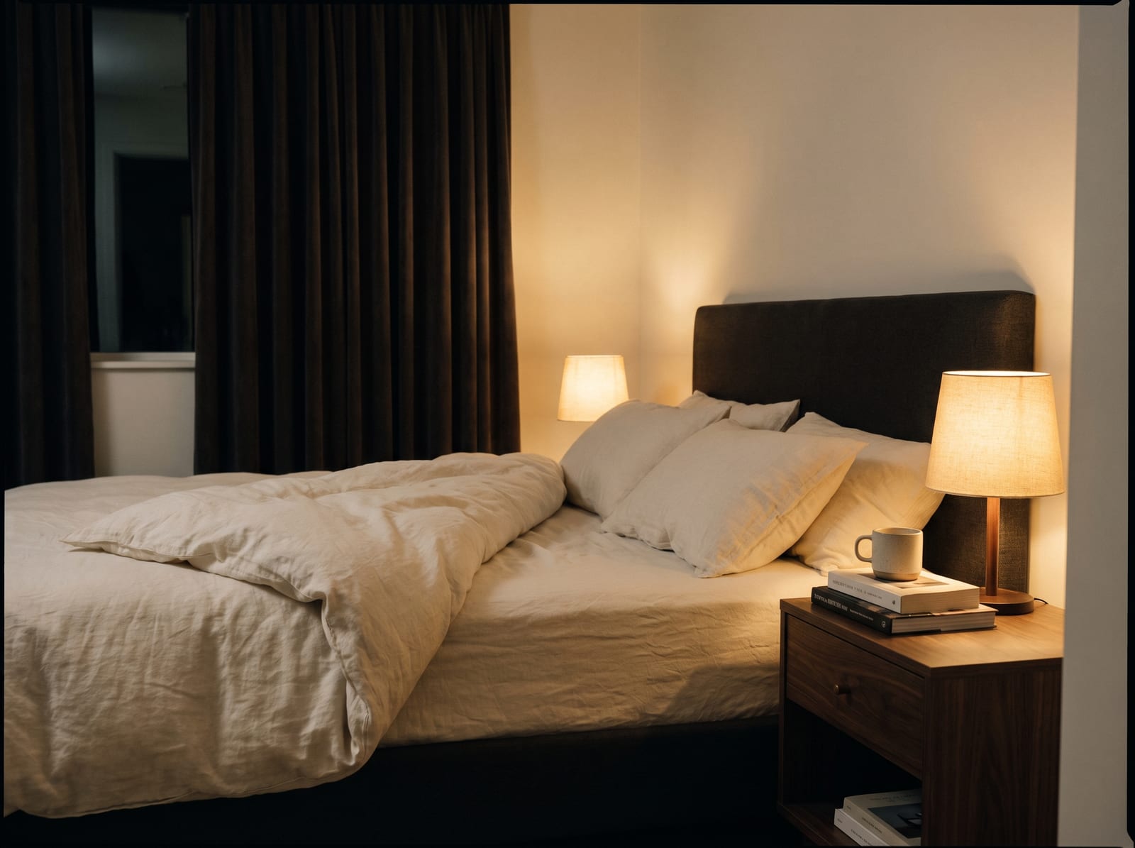 A bed made up in cream linen in a dark quiet room at night, the covers turned back on one side, a small lamp on a dark wooden nightstand throwing low warm light, curtains drawn, nobody in the room, warm ivory and espresso palette, 4:3, no text.