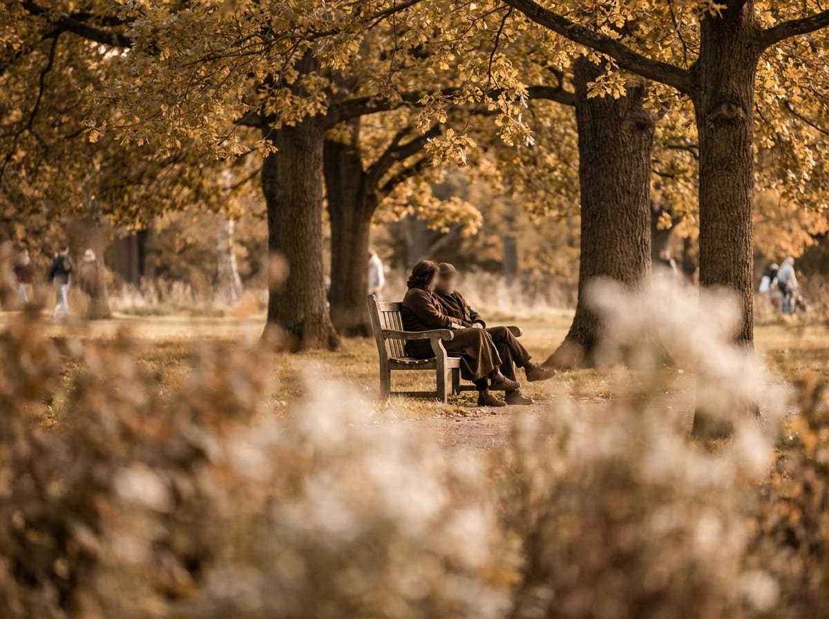 Two people sitting on a bench in a park in late afternoon light, turned slightly toward each other and unhurried, seen from a distance so neither face is clear, warm ivory and espresso palette, 4:3, no text.