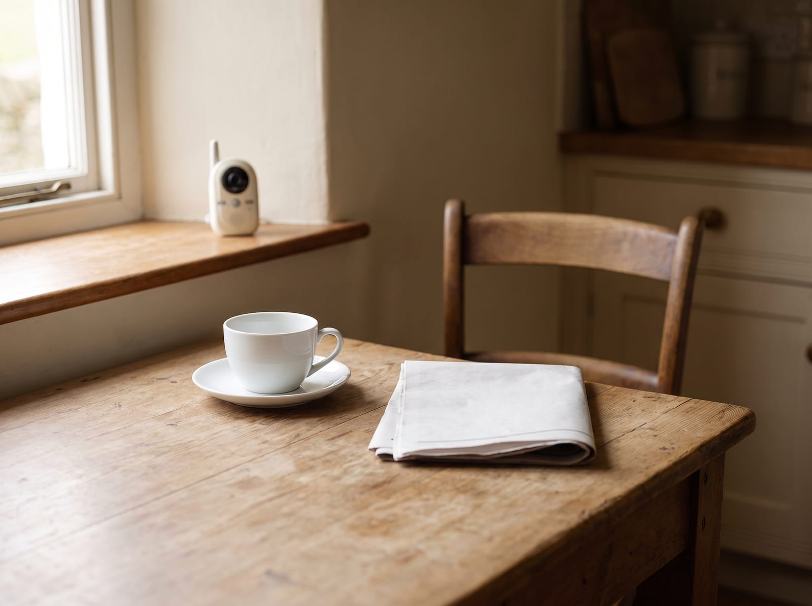 A scrubbed wooden kitchen table by a window in early morning, an empty white cup and saucer beside a folded newspaper, a small baby monitor standing on the sill, one wooden chair and nobody in the room, warm ivory and espresso palette, soft natural light, 4:3, no text.
