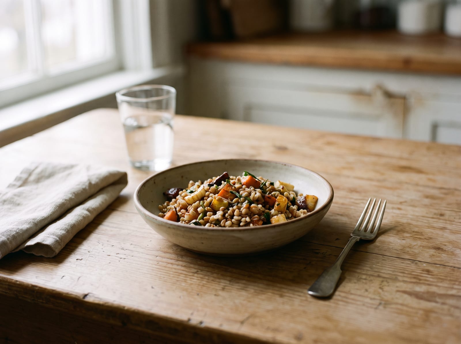 A single shallow ceramic bowl of grains and roasted vegetables on a worn wooden table, a fork laid an arm's length away, a glass of water and a folded linen napkin, daylight from a window to one side, warm ivory and espresso palette, 4:3, no text.