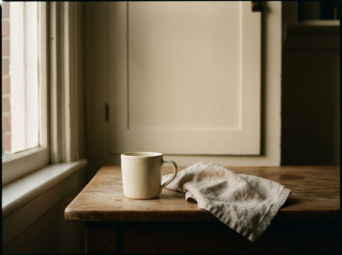 An empty ivory ceramic mug and a crumpled linen cloth on a worn wooden kitchen table, a closed painted cupboard door behind them, low afternoon light coming across from a sash window at the left, nobody in the room, warm ivory and espresso palette, 4:3, no text.