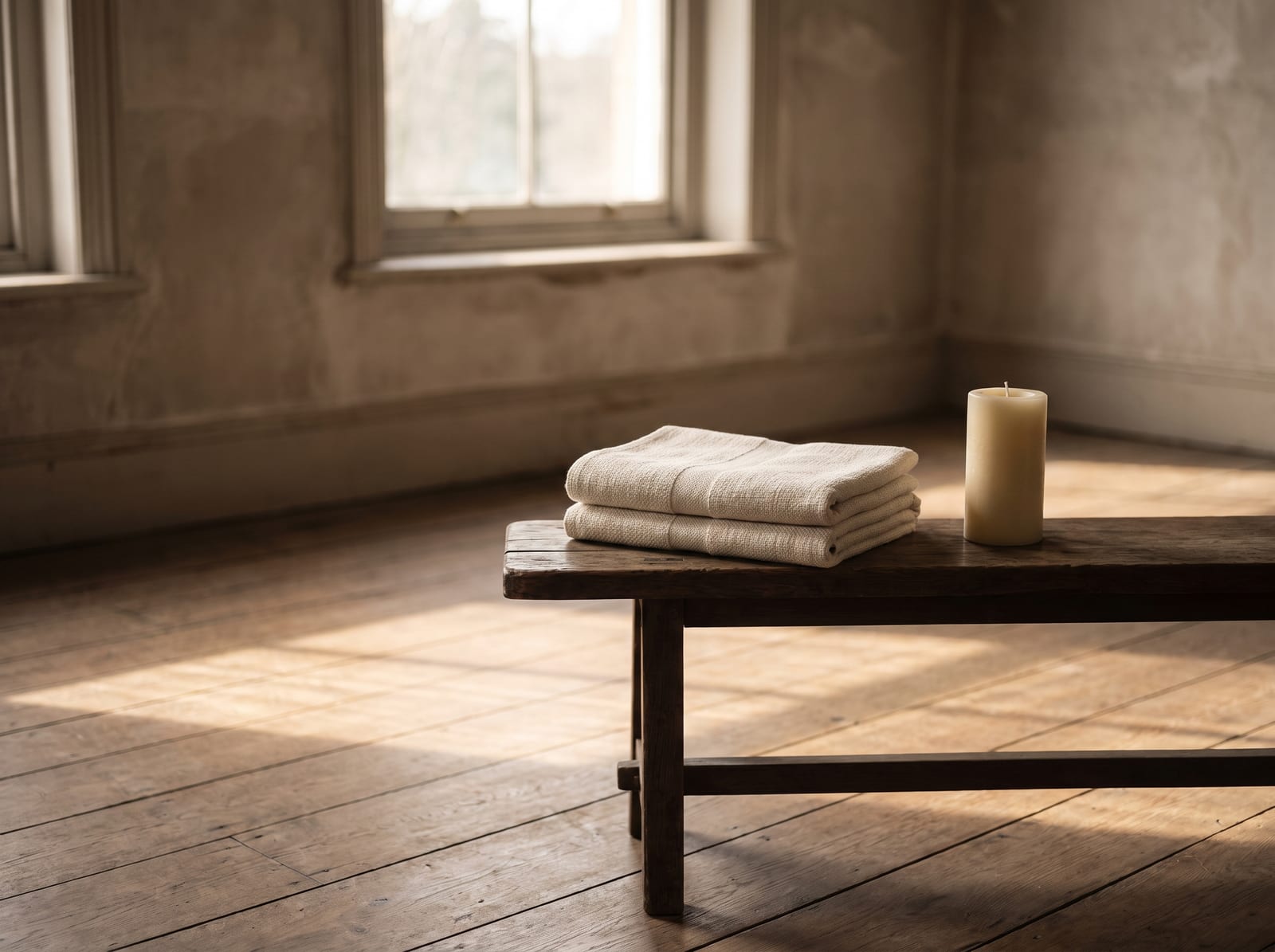 Two folded linen towels and an unlit candle on a low wooden bench in a warm empty room, late afternoon light falling across bare floorboards, nobody in the frame, warm ivory and espresso palette, 4:3, no text.