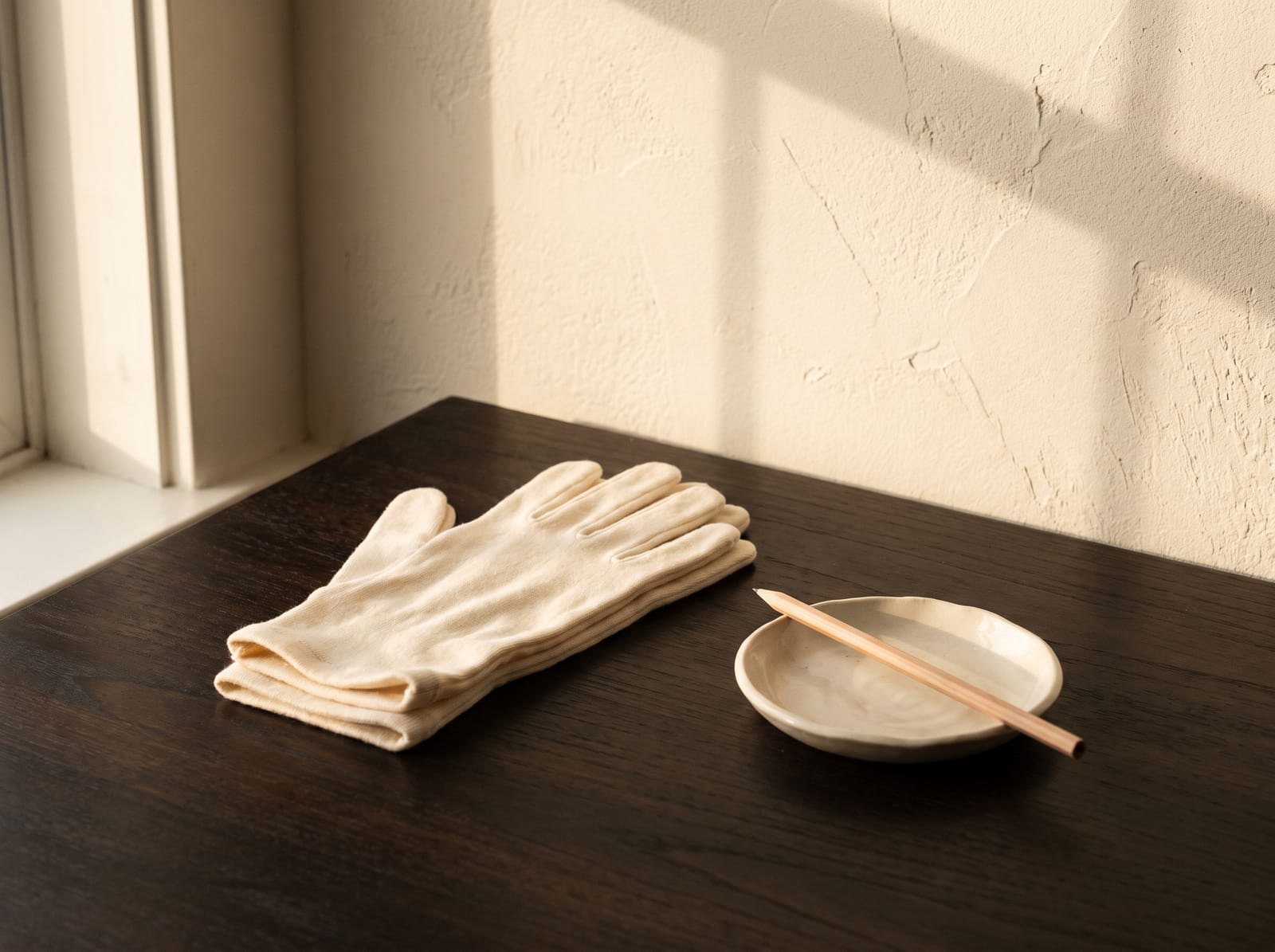 A pair of soft folded cotton gloves on a dark espresso wooden table beside a small ivory ceramic dish holding a plain pencil, warm morning light from a window falling across an ivory plaster wall behind, nobody in the room, warm ivory and espresso palette, 4:3, no text.