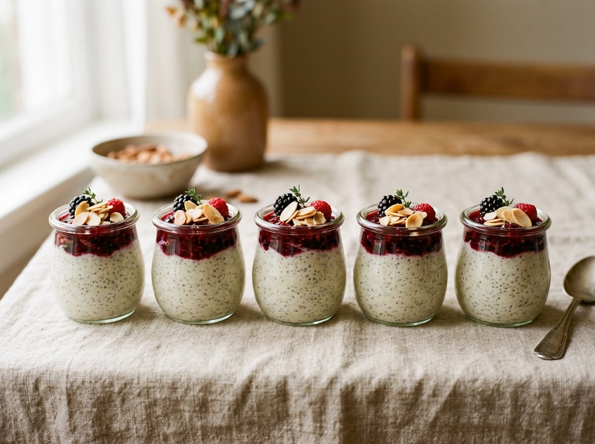 Five small glass jars of pale vanilla chia pudding topped with dark red berry compote and flaked almonds, on a pale linen surface in bright morning light, shot straight on with a gentle background blur.
