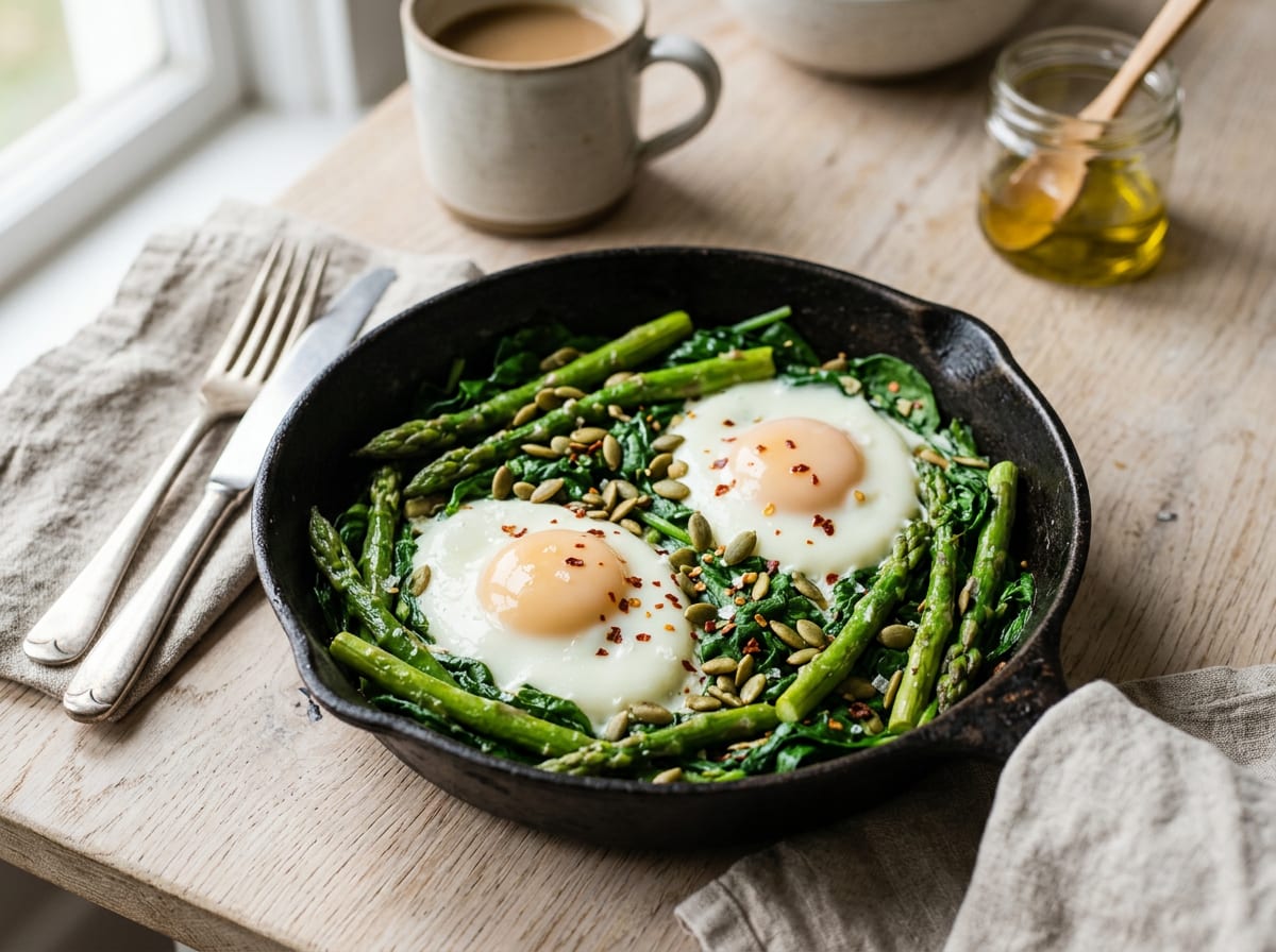 A small black frying pan of bright green asparagus and wilted spinach with two eggs set into the greens, whites firm and yolks pale gold, scattered with green pumpkin seeds and red chilli flakes, on a pale wooden table in soft morning light.