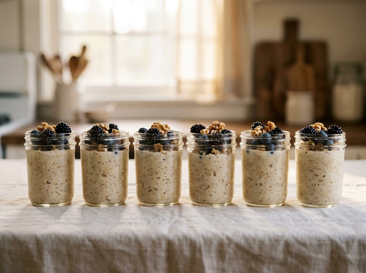 A row of six glass containers of thick creamy oat porridge topped with berries and walnut pieces, on a pale linen surface in bright morning light, shot straight on with a gentle background blur.