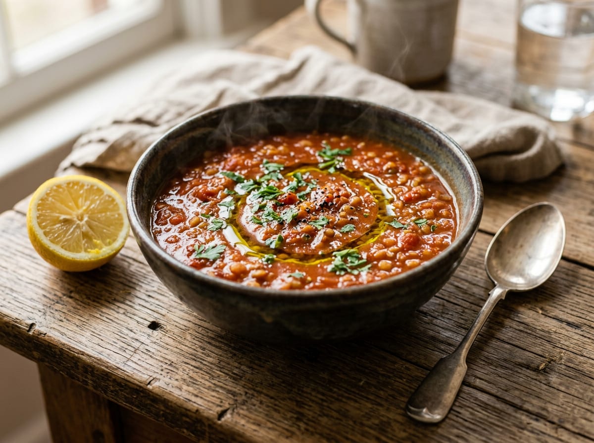 A deep rustic bowl of thick brick-red tomato and lentil soup flecked with green parsley and a glossy swirl of olive oil on top, steam rising, a lemon half and a spoon beside it on a weathered wooden table in warm morning light.