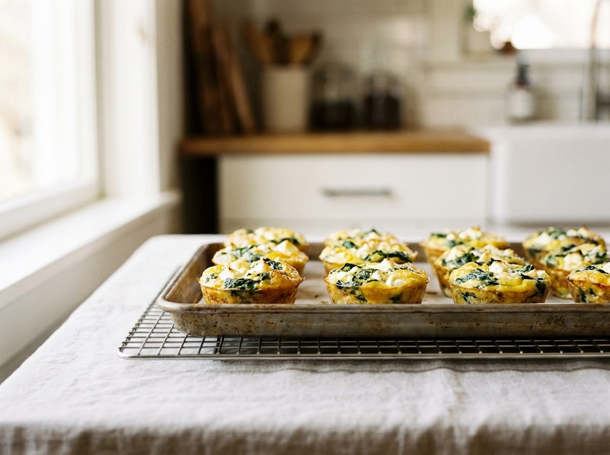 A tray of golden baked egg cups flecked with green spinach and white feta, cooling on a wire rack on a pale linen surface in bright morning light, shot straight on with a gentle background blur.