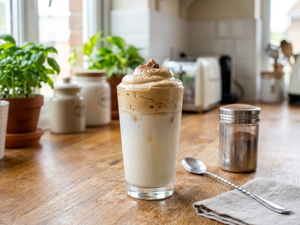 A tall clear glass of cold milk topped with a thick swirl of pale tan whipped coffee foam, set on a warm wood countertop in soft morning light, a few coffee beans scattered beside it, shot at a slight downward angle with a shallow depth of field.
