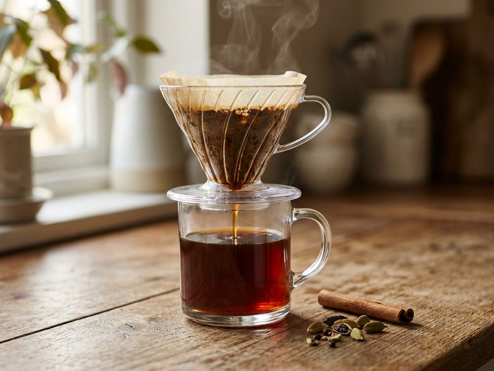 A glass pour-over dripper set on a clear glass mug of dark amber coffee, a cinnamon stick and a few cracked cardamom pods resting on a linen cloth beside it, on a pale wood countertop in warm low morning light, steam curling upward, shot close at a three-quarter angle with shallow depth of field.