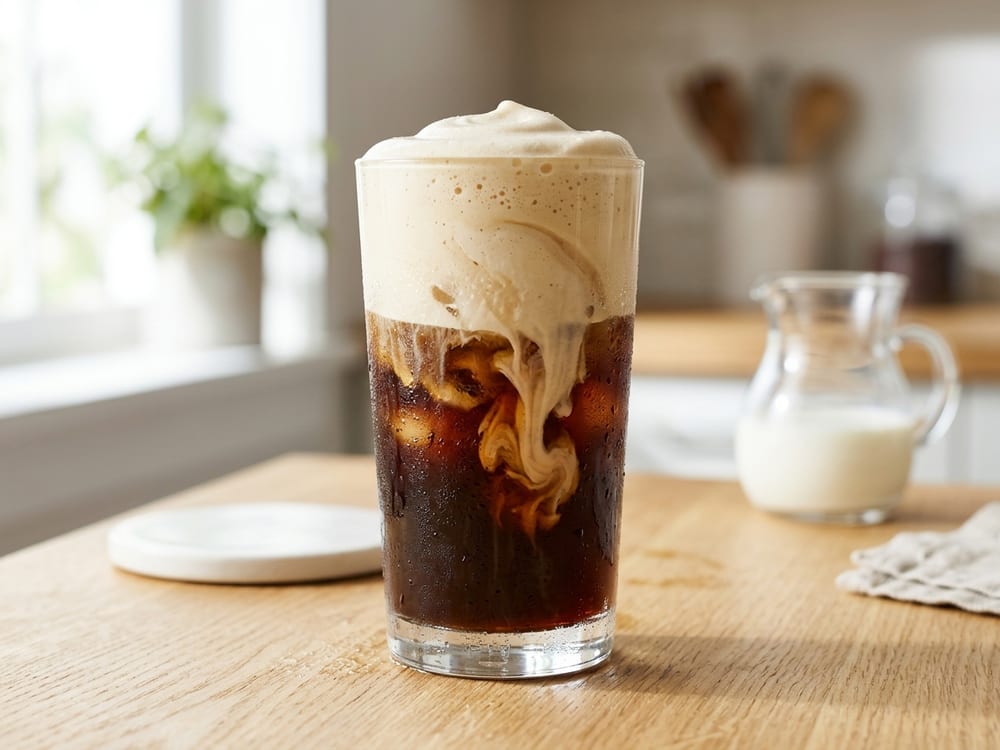 A tall clear glass of dark iced coffee layered under a thick pale cream protein foam slowly folding into the coffee below, beads of condensation on the glass, set on a warm wood counter in bright morning light, shot straight on at eye level with a soft blurred background.