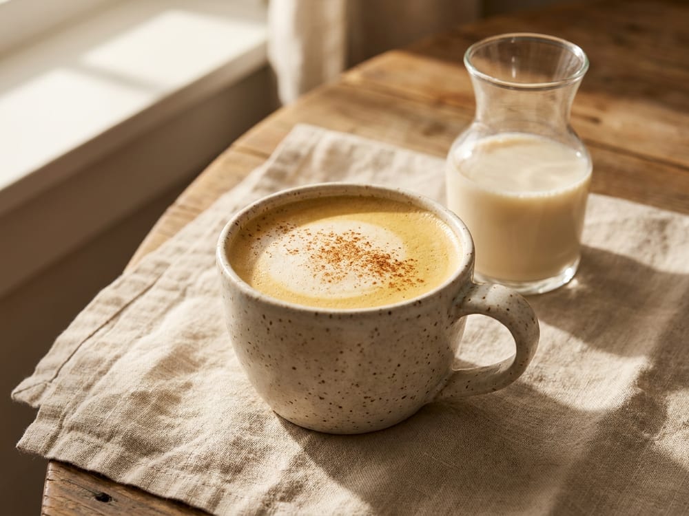 A ceramic latte cup filled with pale golden-brown coffee and a thin layer of oat-milk foam dusted with cinnamon, set on a warm wood table beside a small open jar of dark coffee grounds, soft low morning light coming through a window to one side, shot at a slight downward angle with gentle steam rising and a shallow depth of field.