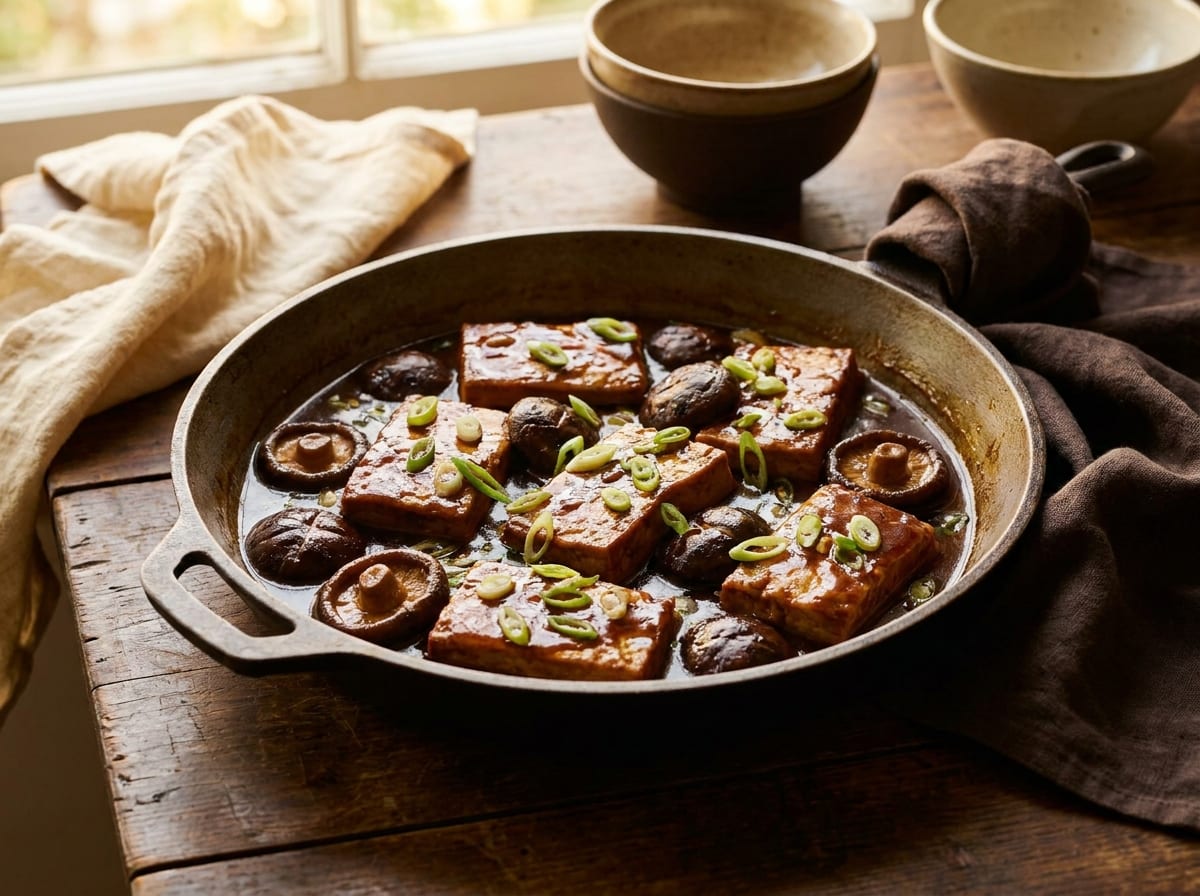 A shallow pan of dark glossy braised tofu slabs and whole shiitake mushrooms in a reduced sauce, scattered with sliced spring onion, on a dark wood surface in warm light, shot straight on.