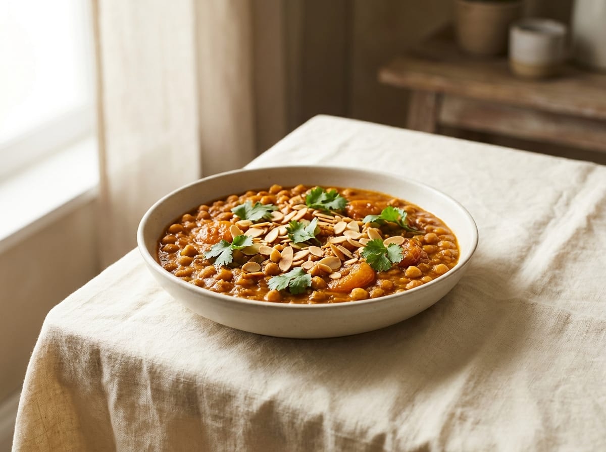 A wide shallow bowl of thick russet-coloured chickpea and apricot tagine scattered with golden flaked almonds and fresh coriander, on a warm linen surface in soft daylight, shot straight on with a gentle background blur.