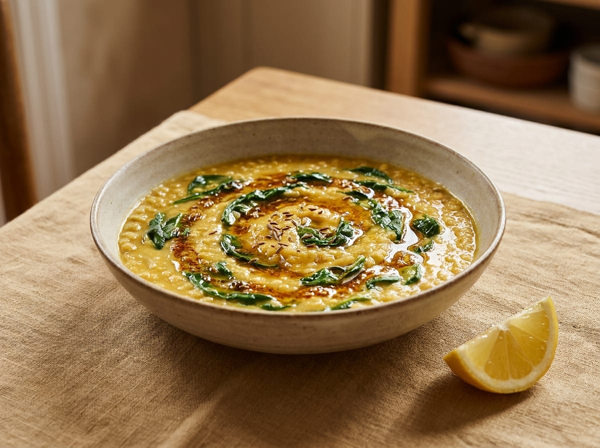 A wide bowl of golden yellow dal with dark green spinach through it and a glossy spiced oil poured over the top, on a warm linen surface in soft daylight, a lemon wedge beside it, shot straight on.