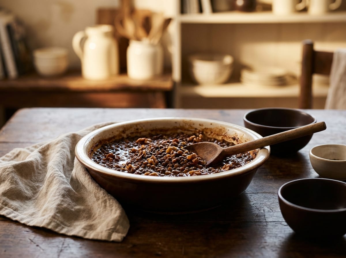 A deep pan of dark rich lentil and walnut ragù with a wooden spoon resting in it, on a dark wood surface in warm light, shot straight on with a gentle background blur.