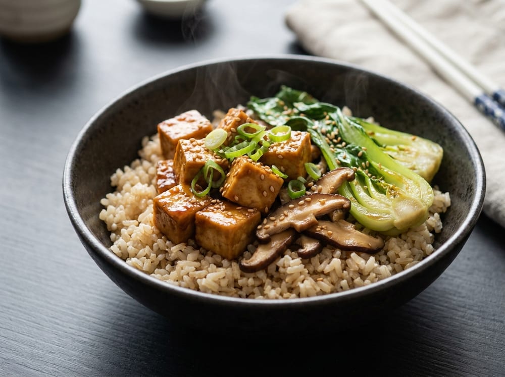 A dark stoneware bowl of fluffy brown rice topped with glossy caramel-lacquered cubes of miso-glazed tofu and sliced shiitake mushrooms beside vibrant green stir-fried bok choy, garnished with sliced scallions and toasted sesame seeds, photographed at a three-quarter angle under soft directional light with gentle steam rising, on a matte charcoal table with wooden chopsticks resting alongside.