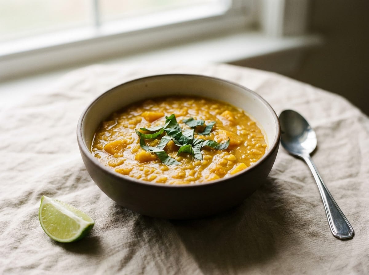 A deep bowl of thick golden-orange lentil and squash curry topped with torn green basil leaves, on a warm linen surface in soft daylight, a lime wedge and a spoon beside it, shot straight on with a gentle background blur.