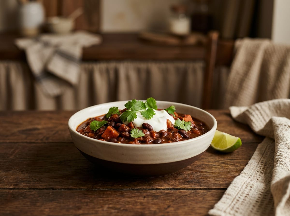 A deep bowl of dark red-brown black bean and sweet potato chilli topped with a spoonful of white yogurt and fresh coriander, on a dark wood surface in warm light, a lime wedge beside it, shot straight on with a gentle background blur.